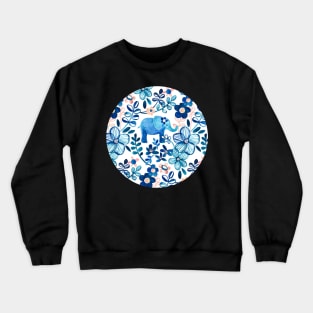 Blush Pink, White and Blue Elephant and Floral Watercolor Pattern Crewneck Sweatshirt